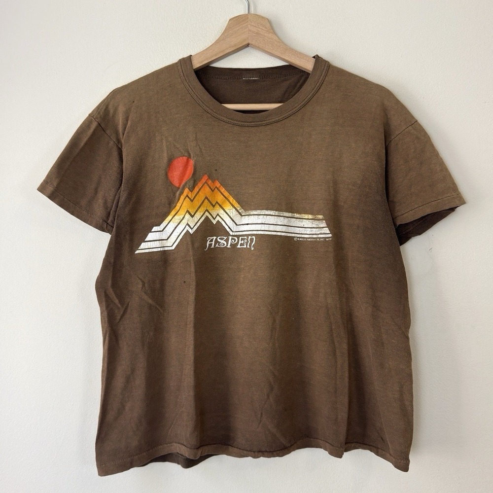 Vintage 70s Ski Aspen Skiing Snowboarding Graphic Faded Brown Tee Shirt - Small